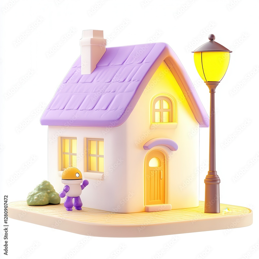 A cute 3D-rendered house with a lighted interior and a small character beside a lamp post. A cute 3D-rendered house with a lighted interior and a small character beside a lamp post.