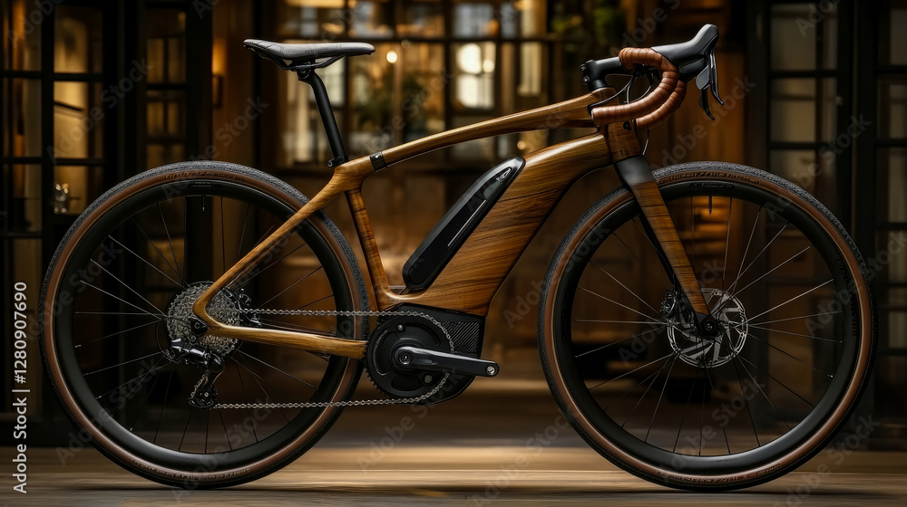 Obraz premium Concept: Elegance on Two Wheels: An Exquisite Wooden Electric Bicycle, Eco-Friendly Mode of Transport