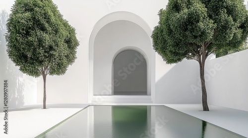 Symmetrical White Courtyard Featuring a Reflective Pool and Round Trees in Minimalist Style