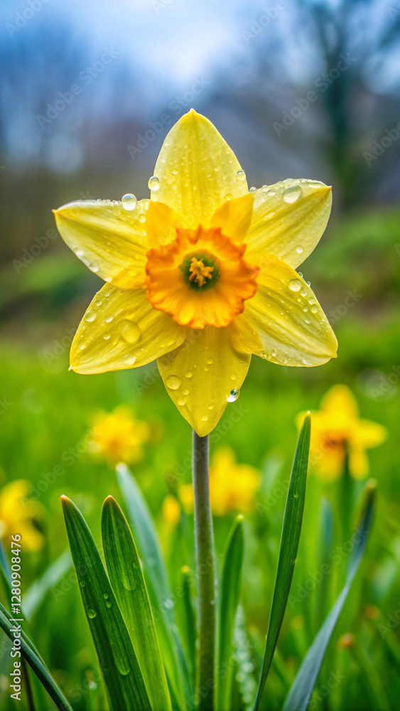 Fototapeta premium A daffodil with petals that curl inward when touched by rain resembling a playful wink