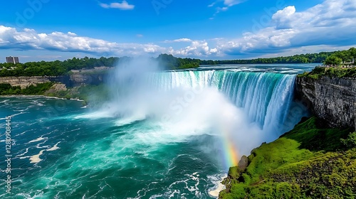 Powerful Waterfall with Rainbow and Lush Greenery under a Sunny Sky