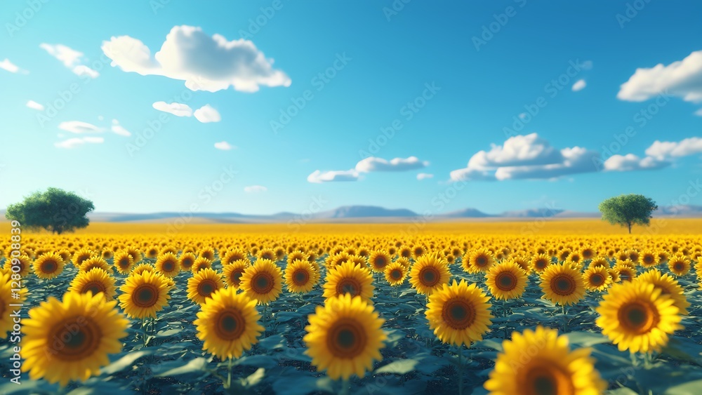 Fototapeta premium Sunflower field stretching infinitely under a bright blue sky