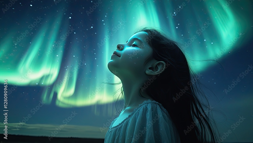 Enchanted Girl Under Aurora Borealis in Starry Night Enchanted Girl Under Aurora Borealis in Starry Night