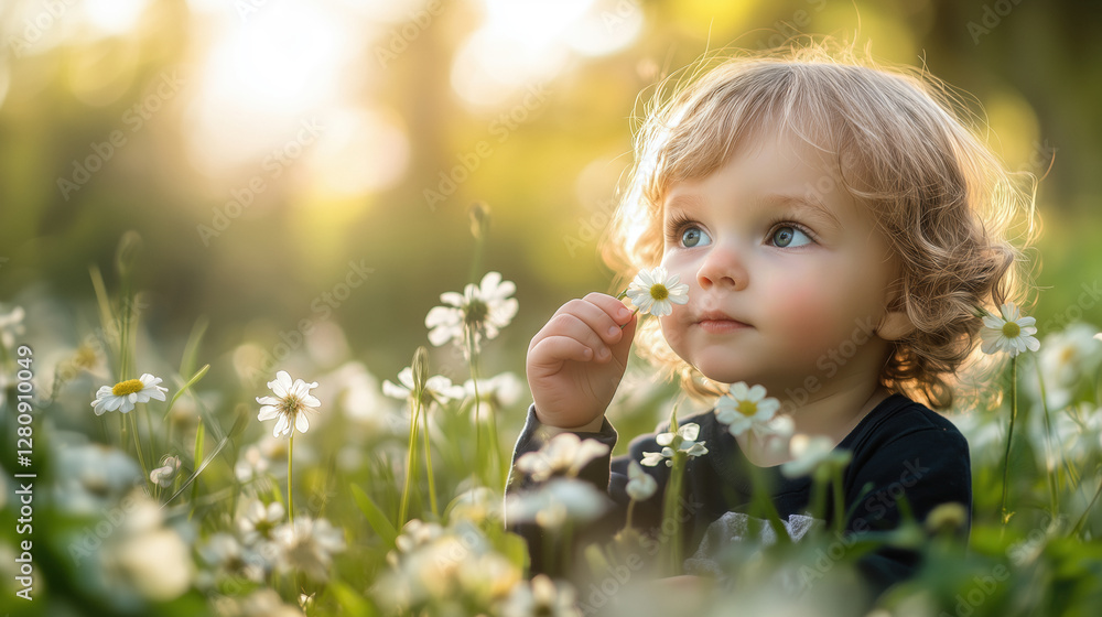 Blond toddler enjoying the moment while smelling a daisy flower in a vibrant field of blooms at sunset, embracing the beauty of nature and the refreshing evening air Blond toddler enjoying the moment while smelling a daisy flower in a vibrant field of blooms at sunset, embracing the beauty of nature and the refreshing evening air