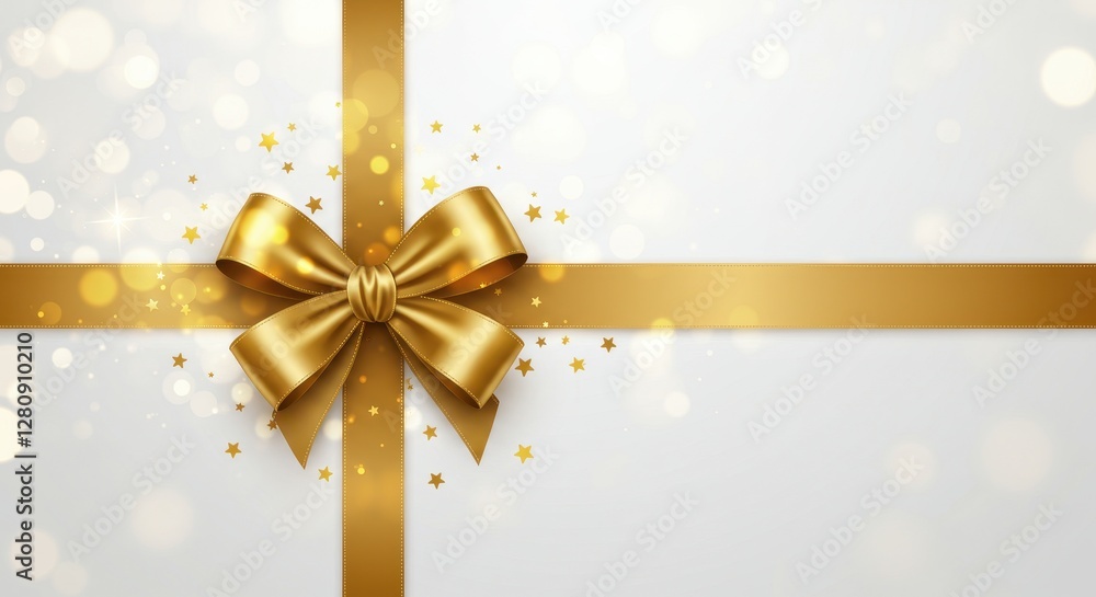 A luxurious white gift card with a shimmering gold ribbon tied into a perfect bow surrounded by small golden stars A luxurious white gift card with a shimmering gold ribbon tied into a perfect bow surrounded by small golden stars