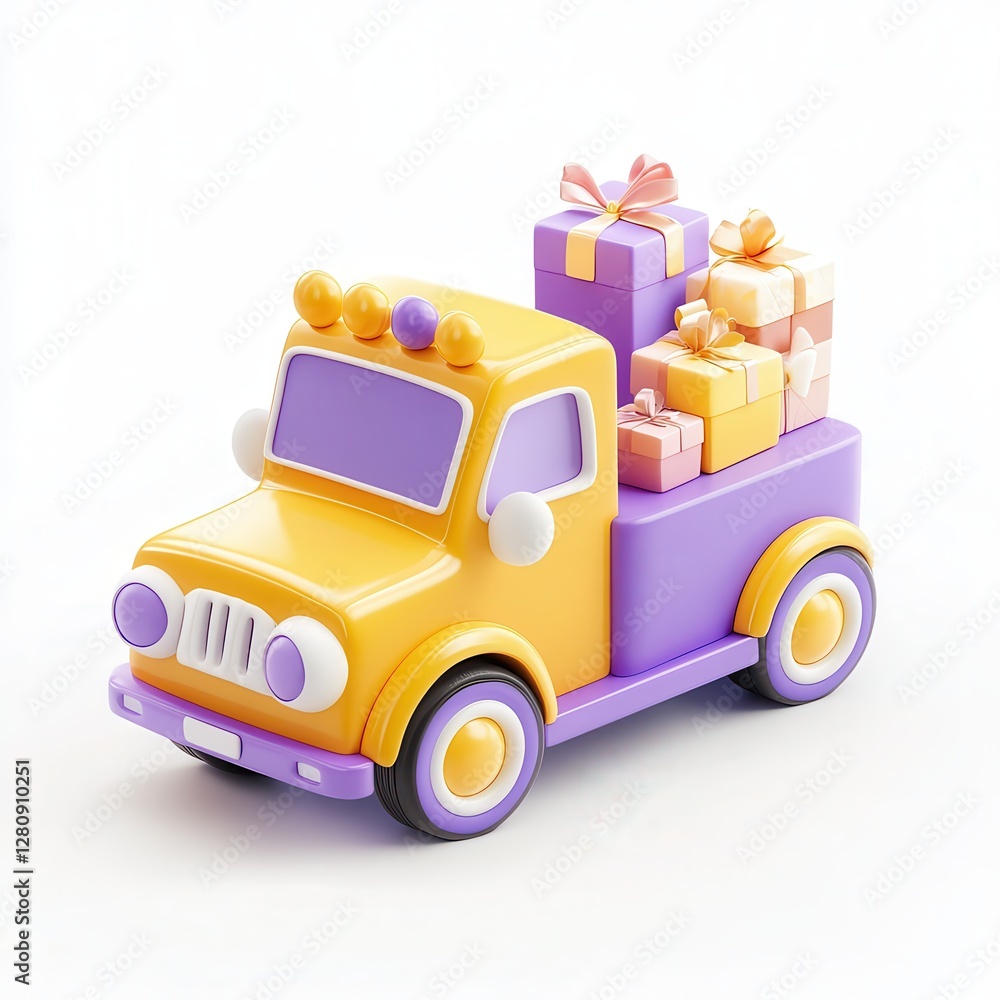 A colorful toy truck loaded with gifts, featuring a vibrant yellow and purple design, perfect for children. A colorful toy truck loaded with gifts, featuring a vibrant yellow and purple design, perfect for children.