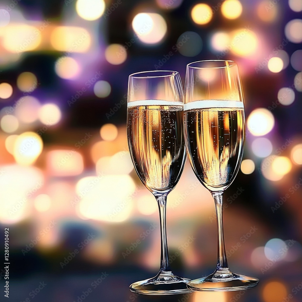 Two Champagne Flutes with Golden Bubbles against Blurred Festive Bokeh Background Two Champagne Flutes with Golden Bubbles against Blurred Festive Bokeh Background