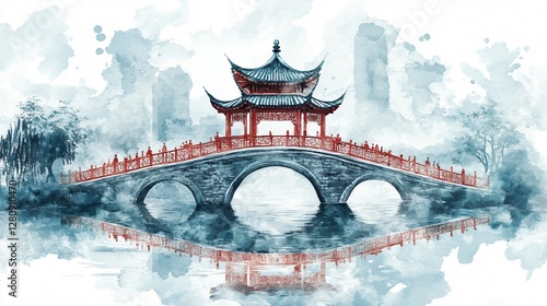 Watercolor Painting of a Traditional Chinese Pagoda