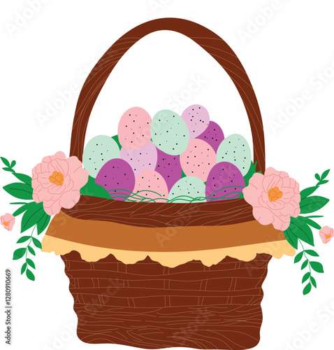 A festive illustration of a woven basket filled with colorful Easter eggs, decorated with intricate patterns and floral elements, symbolizing joy and renewal.