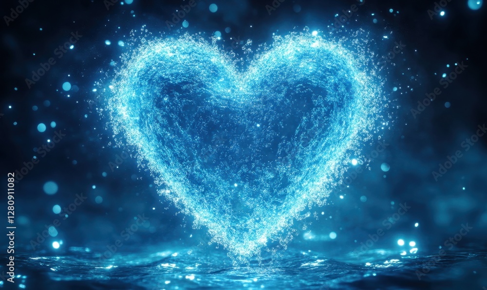 A luminous heart shape formed by splashing water droplets against a dark, shimmering background A luminous heart shape formed by splashing water droplets against a dark, shimmering background