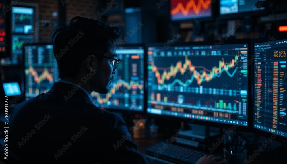 Trader Analyzing Stock Market Data on Multiple Screens Trader Analyzing Stock Market Data on Multiple Screens