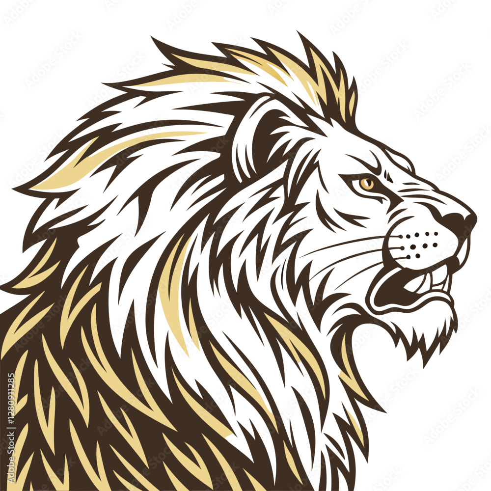 Fototapeta premium Lion Head Vector Illustration: Roaring Wild Animal Mascot Graphic in Detailed Line Art Style for Logo Design and Branding