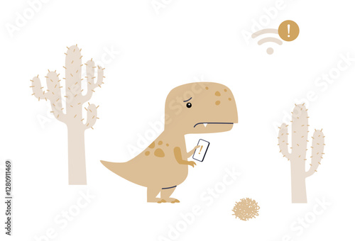 Dinosaur Holding Smartphone With No Internet Connection In Flat Vector Illustration Symbolizing Offline Mode, Connection Error, And Digital Isolation, Isolated On White Background