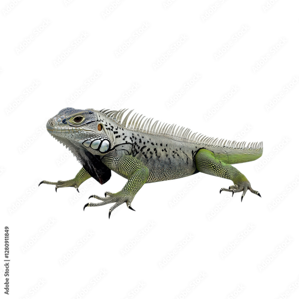 Obraz premium Green Iguana with Unique Features on White Background