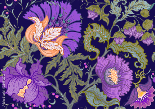 Fantasy flowers in retro, vintage, jacobean embroidery style. Seamless pattern, background. Vector illustration.