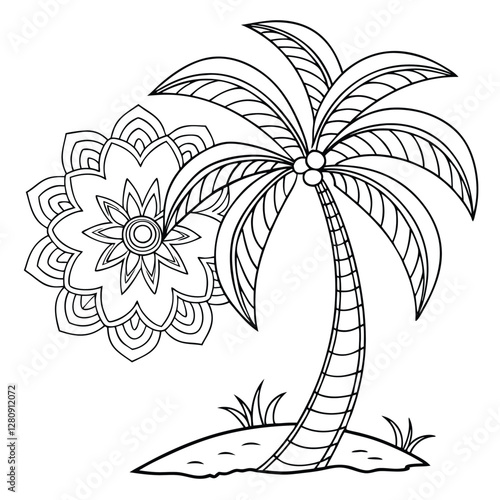 Palm Tree and Floral Mandala Coloring Page: Tropical Island Scene, Detailed Line Art, Relaxation, Printable Adult Coloring Sheet