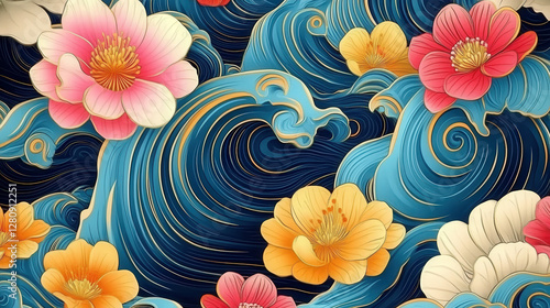 Illustration of Blue Waves and Flowers