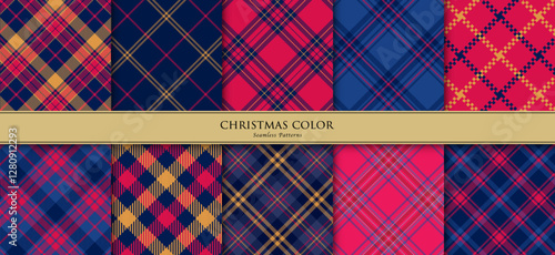 Bright colored Christmas checkered seamless patterns include 10 designs