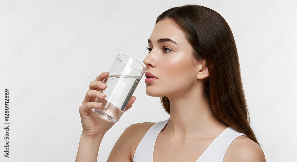 Woman Drinking Water From Glass on White Background for Hydration (perfect for advertising or healthy concept) Woman Drinking Water From Glass on White Background for Hydration (perfect for advertising or healthy concept)