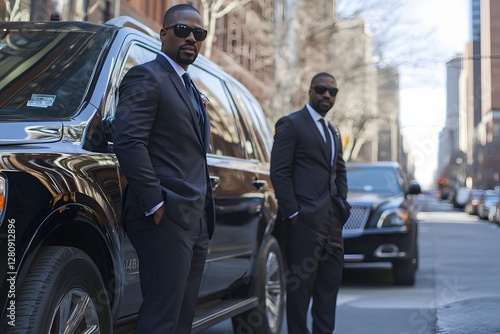 Three Adidas security men in black suits and sunglasses standing guard near luxury cars on the street, Generative AI