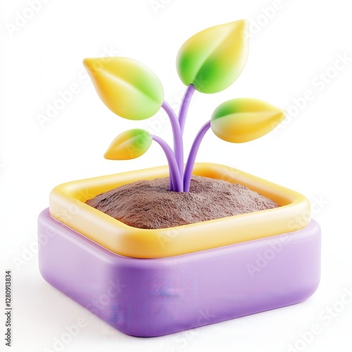 A colorful 3D plant in a decorative pot with vibrant leaves sprouting from rich soil.