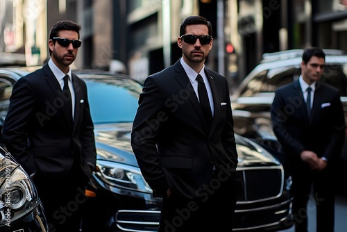 Three Adidas security men in black suits and sunglasses standing guard near luxury cars on the street, Generative AI