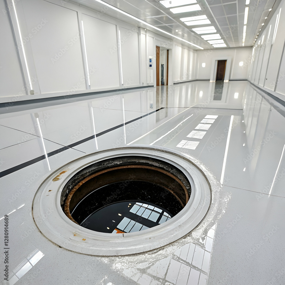 Fototapeta premium A first-person perspective shot inside a futuristic, all-white minimalistic room. The floor is glossy and reflective, enhancing the clean, high-tech aesthetic. In the center of the room