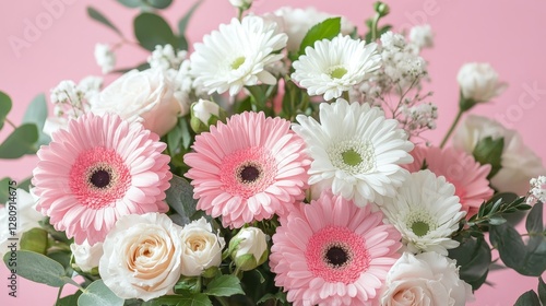 Cute pink background with gerberas and fresh carnations decorated. Sweet and romantic women's day decoration ideas. Empty space for product presentation, front view