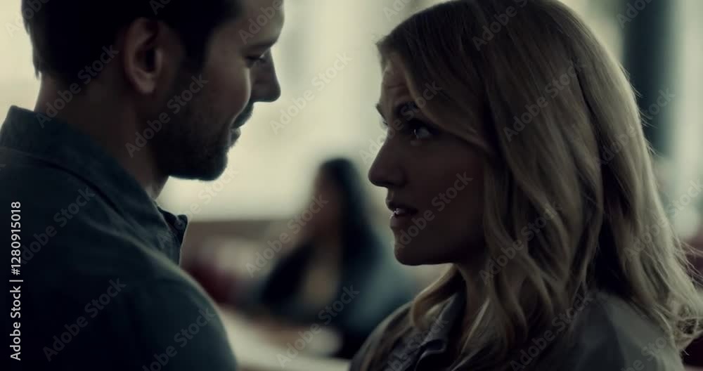 Affectionate Couple in Close-up Face-to-Face Contact with Blurred Background and Warm Lighting Affectionate Couple in Close-up Face-to-Face Contact with Blurred Background and Warm Lighting