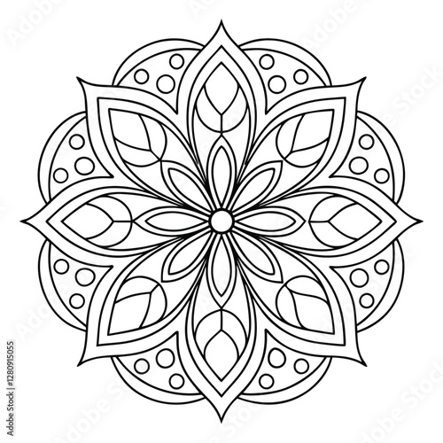 Intricate Floral Mandala Design: Black and White Vector Illustration for Coloring Pages, Relaxation, and Meditation Art Therapy