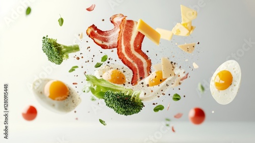 Modern 3D Render of Floating Keto Meal Ingredients in Motion