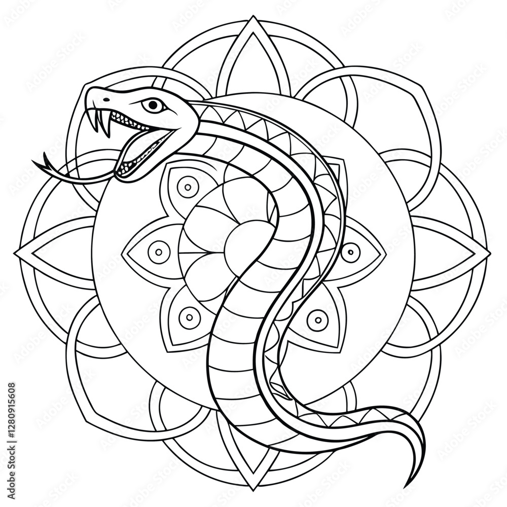 Snake Mandala Coloring Page: Detailed Line Art of Cobra Serpent in Geometric Floral Design for Relaxation and Creative Coloring Fun Snake Mandala Coloring Page: Detailed Line Art of Cobra Serpent in Geometric Floral Design for Relaxation and Creative Coloring Fun