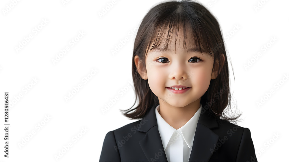 portrait of a kid female model, wearing an exquisite black suit and white shirt, mockup concept template portrait of a kid female model, wearing an exquisite black suit and white shirt, mockup concept template