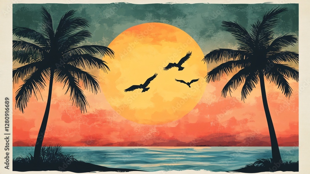 Fototapeta premium Mesmerizing Watercolor Sunset on Tropical Beach