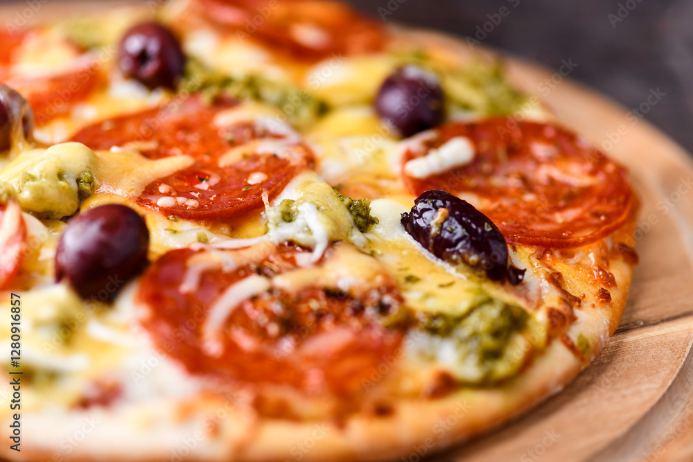 Pizza with chorizo sausage, mozzarella and cheddar cheese, olive pesto and kalamata olives. Wooden background. Soft focus. Close up. Pizza with chorizo sausage, mozzarella and cheddar cheese, olive pesto and kalamata olives. Wooden background. Soft focus. Close up.