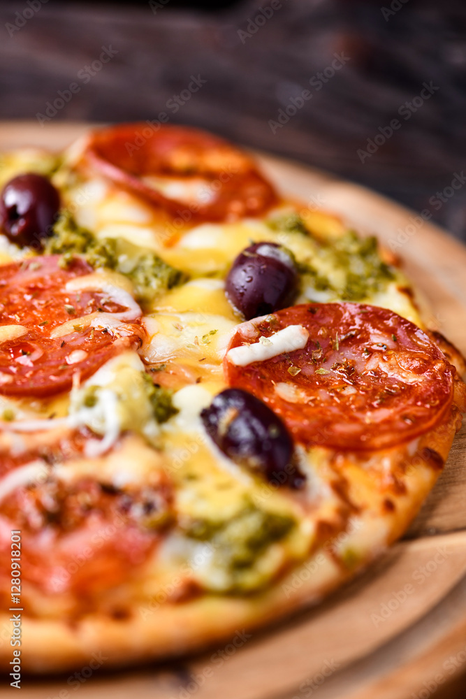 Pizza with chorizo sausage, mozzarella and cheddar cheese, olive pesto and kalamata olives. Wooden background. Soft focus. Close up. Pizza with chorizo sausage, mozzarella and cheddar cheese, olive pesto and kalamata olives. Wooden background. Soft focus. Close up.