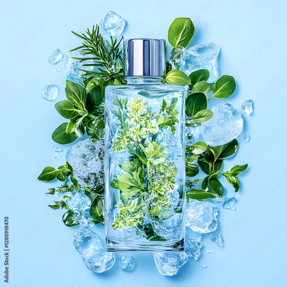 A refreshing face essence in a clear bottle infused with Rhodiola Rosea root extract, surrounded by ice crystals, evoking a cooling and rejuvenating beauty aesthetic.