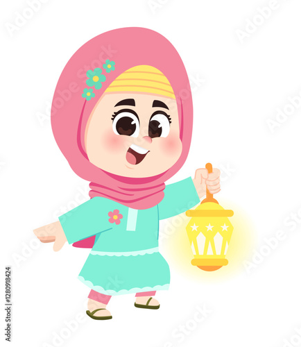 Cheerful muslim girl hold lantern