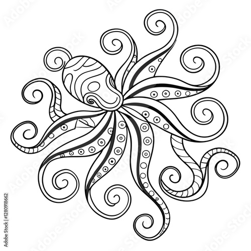Intricate Octopus Mandala Coloring Page: Detailed Zentangle Style Ocean Animal Illustration for Relaxation and Creative Art Therapy