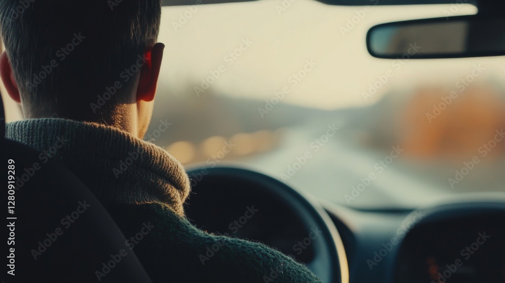 A person driving a car on a scenic road during sunset, with blurred trees in the background A person driving a car on a scenic road during sunset, with blurred trees in the background
