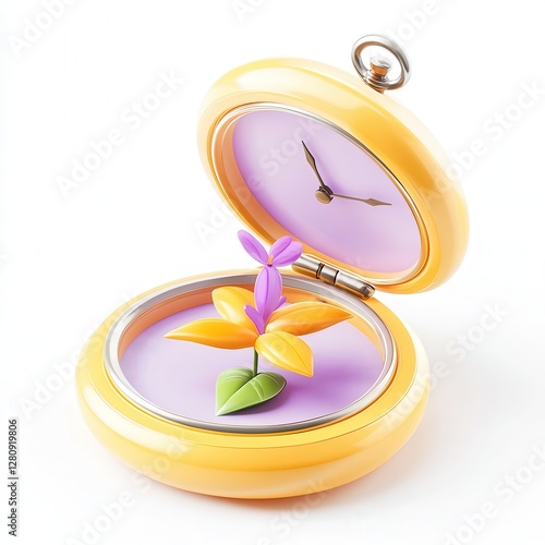 A colorful flower inside a yellow pocket watch, symbolizing the fusion of time and nature in a vibrant design.