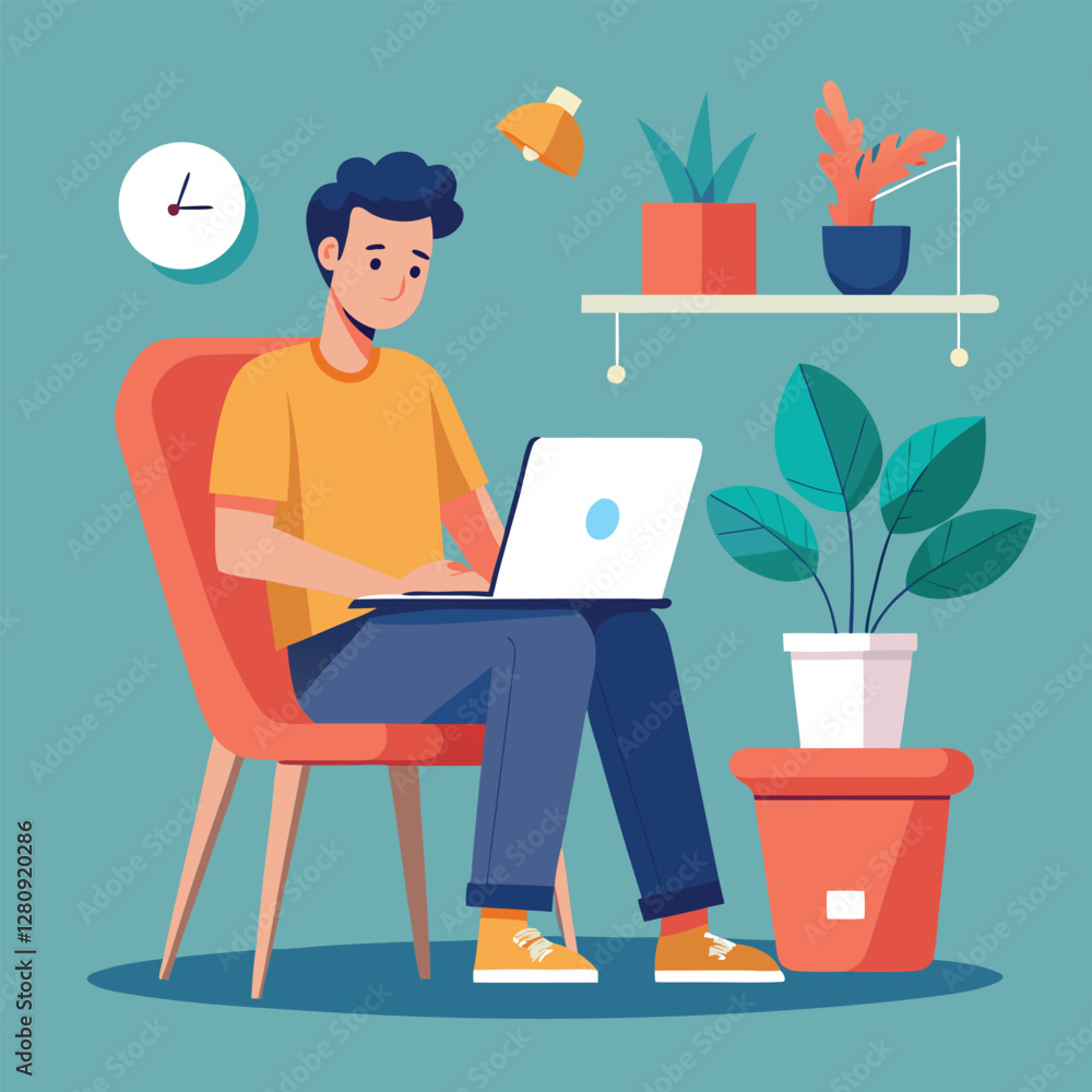 a boy is using his laptop vector a boy is using his laptop vector
