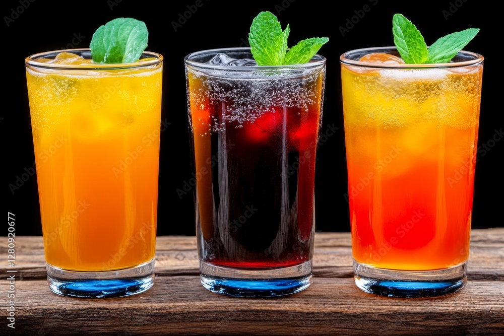Group of cool colorful summer drinks against a rustic wood background Group of cool colorful summer drinks against a rustic wood background