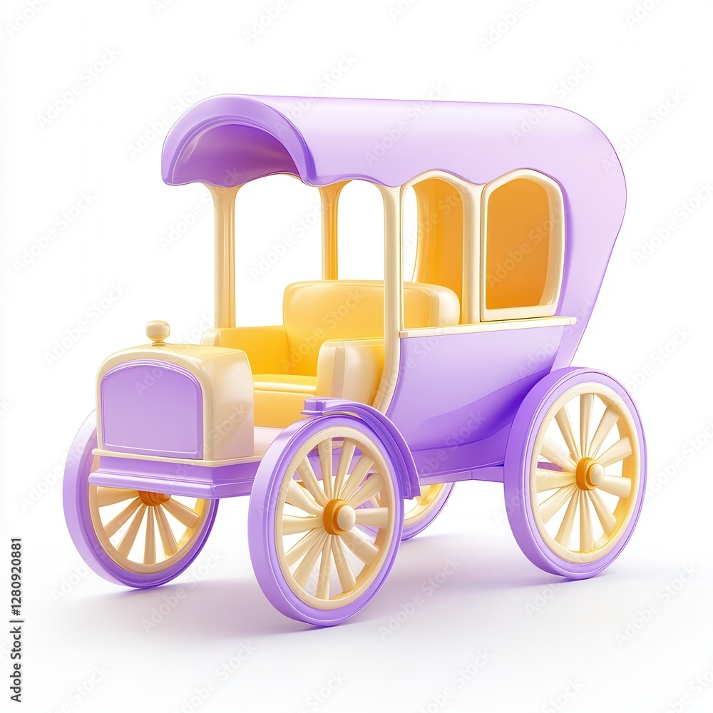A colorful stylized toy carriage with yellow and purple elements, featuring classic wheels and an elegant design. A colorful stylized toy carriage with yellow and purple elements, featuring classic wheels and an elegant design.