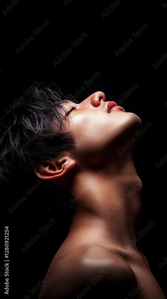 Serene young Asian man with dark hair, eyes closed, head tilted back against a black background. A moody portrait. Serene young Asian man with dark hair, eyes closed, head tilted back against a black background. A moody portrait.