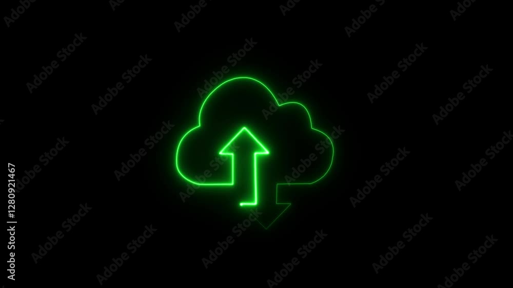 Upload icon symbol, cloud icon and neon line upload arrow icon animation on black background. Upload icon symbol, cloud icon and neon line upload arrow icon animation on black background.