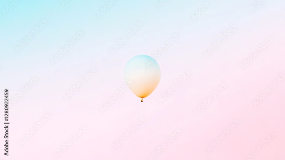 A single balloon floats against a soft, pastel background, evoking a serene and dreamy atmosphere.