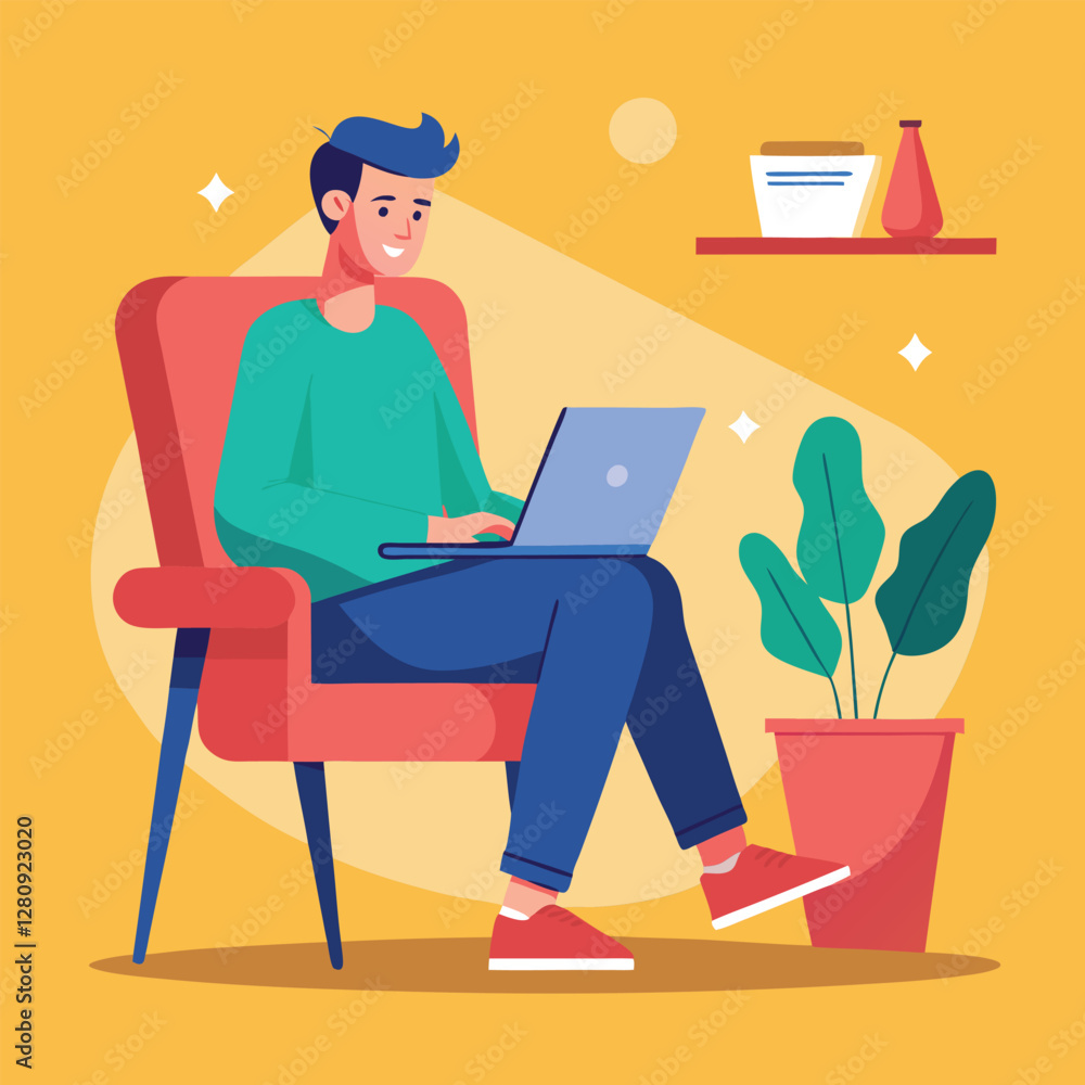 a boy is using his laptop vector a boy is using his laptop vector