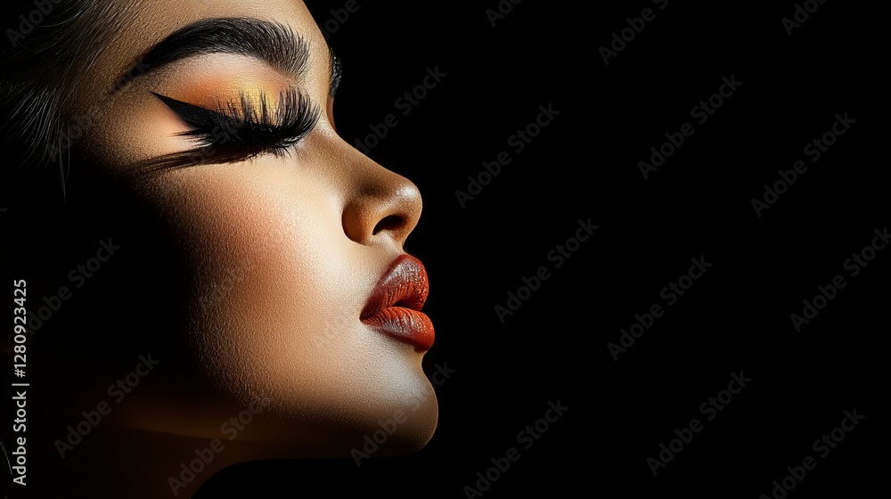 Close-up profile of a young woman with dramatic makeup, showcasing her flawless skin and striking features. Close-up profile of a young woman with dramatic makeup, showcasing her flawless skin and striking features.