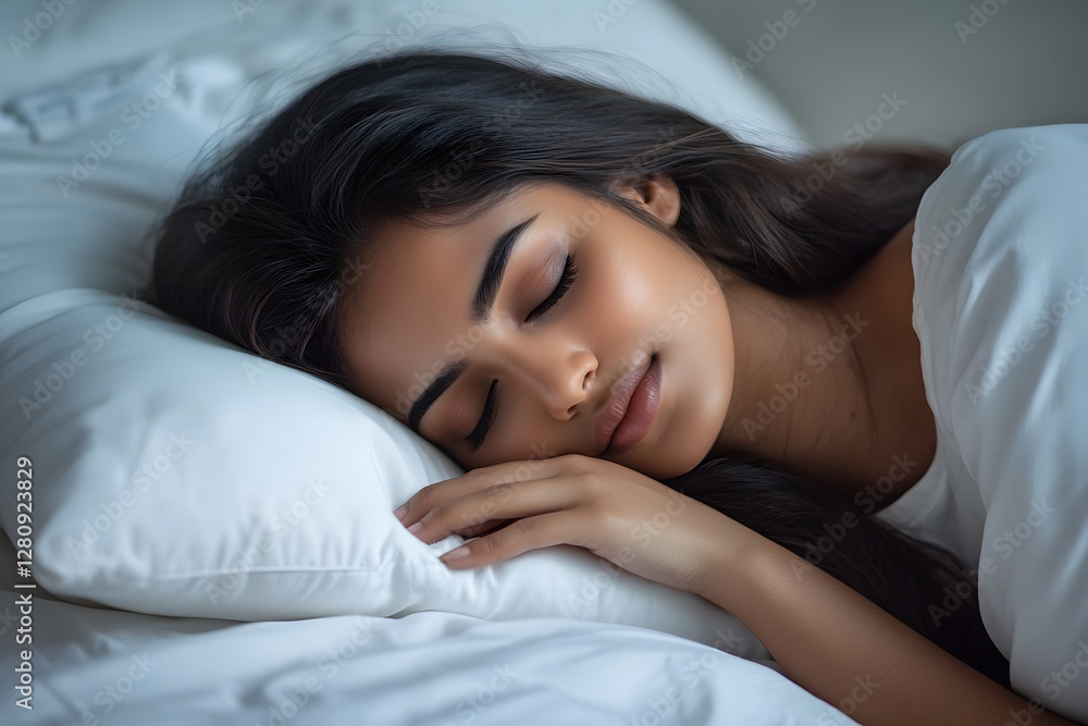 A beautiful young Indian woman sleeping in bed, with a white pillow and blanket. This close-up portrait captures a happy facial expression, in bedroom, Generative AI A beautiful young Indian woman sleeping in bed, with a white pillow and blanket. This close-up portrait captures a happy facial expression, in bedroom, Generative AI